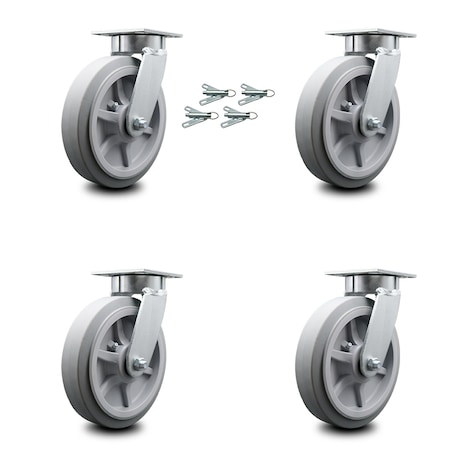 Service Caster 8 Inch Kingpinless Thermoplastic Rubber Wheel Swivel Caster Set with Swivel Lock SCC-KP30S820-TPRRF-BSL-4